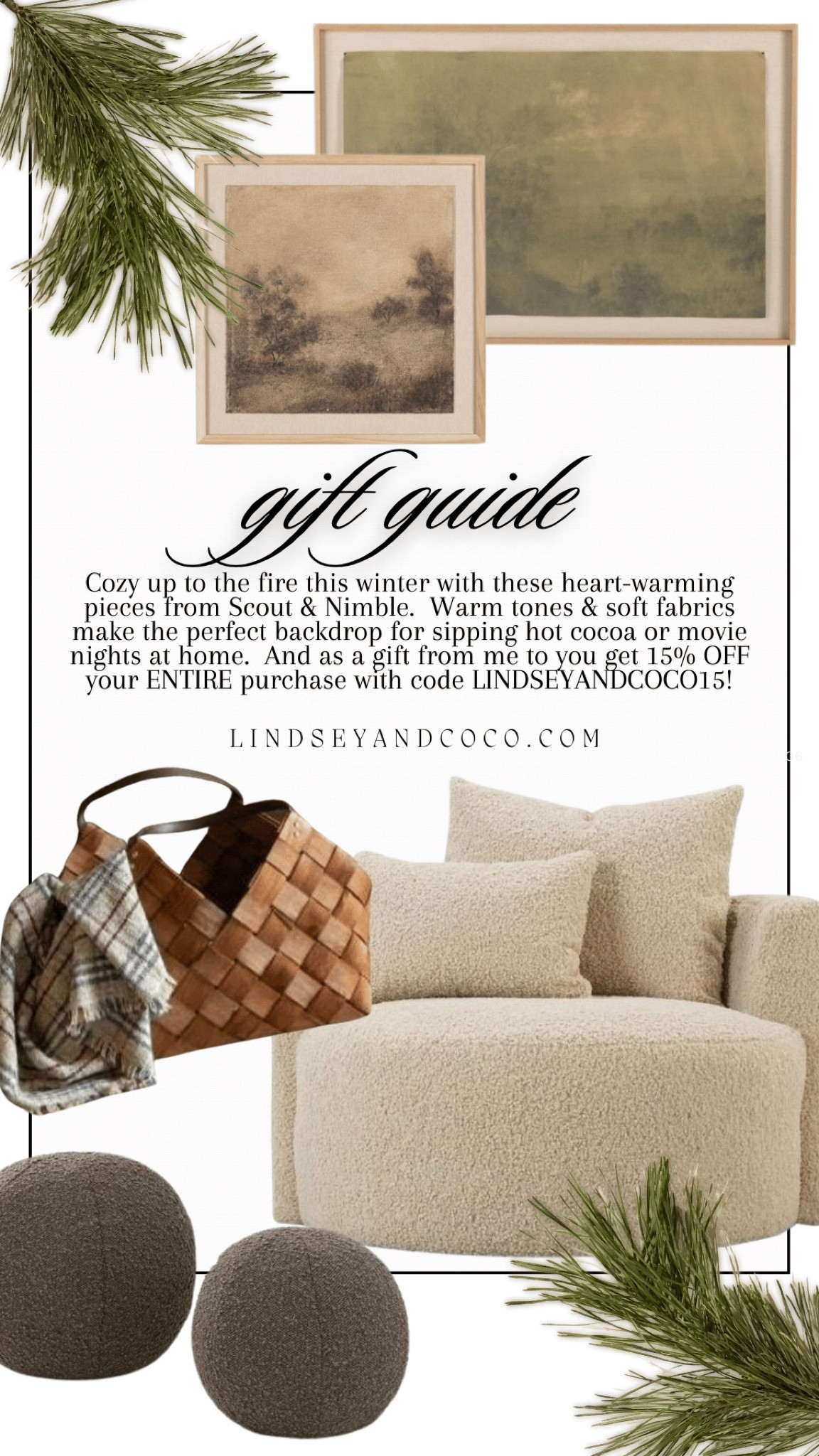 Scout & Nimble Living Room Essentials.
*Save 15% OFF your ENTIRE order with code: LINDSEYANDCOCO15

Warm landscape wall art 
Set of 3 Wicker Baskets
Set of 3 Mink Pillows
Oversized Leander Swivel Chair

#LTKSeasonal #LTKGiftGuide #LTKHome