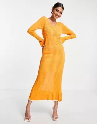 ASOS DESIGN knitted midi dress with ruched waist in orange | ASOS (Global)
