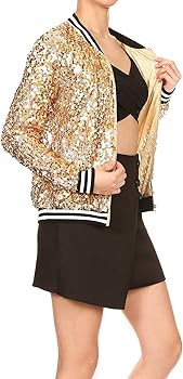 Anna-Kaci Womens Sequin Long Sleeve Front Zip Jacket with Ribbed Cuffs | Amazon (US)