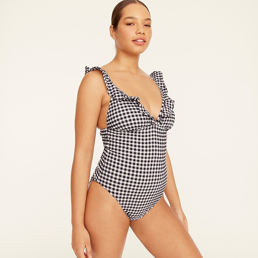 Long torso Ruffle V-neck one-piece in gingham | J. Crew US