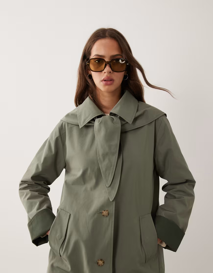 Abercrombie & Fitch a line cropped trench coat with scarf detail in khaki-Green | ASOS (Global)
