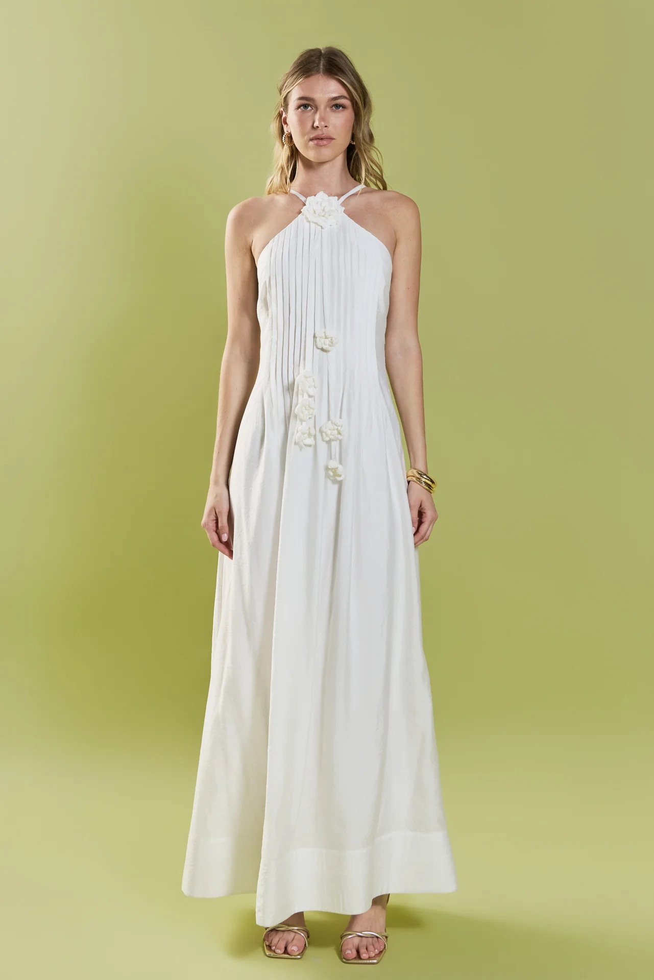 Crochet Flower Trim Halter Maxi Dress | English Factory