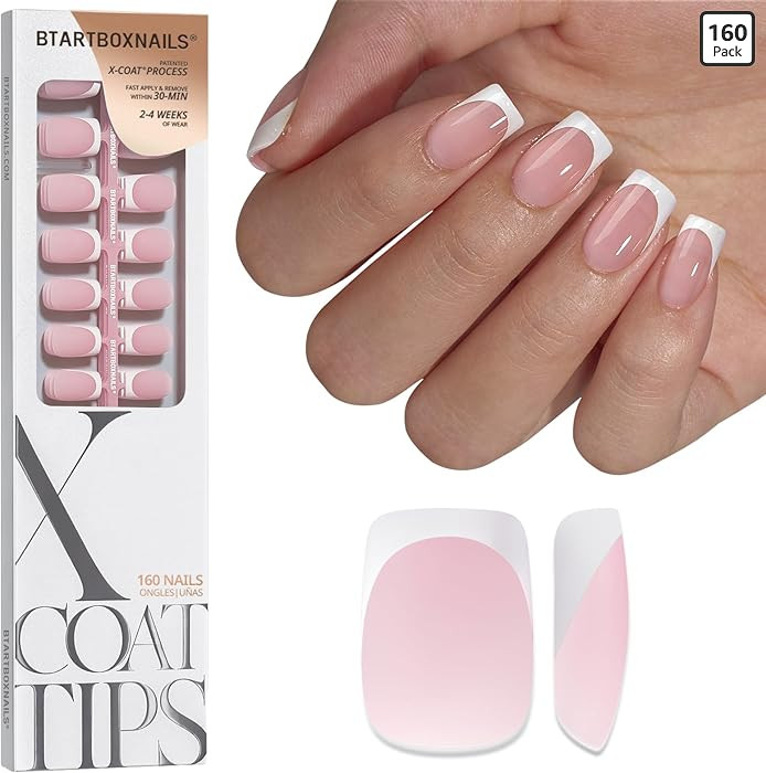 BTArtboxnails XCOATTIPS French Tip Nails - Short Press On Nails, 160 Pcs Pink Square Soft Gel Nai... | Amazon (US)