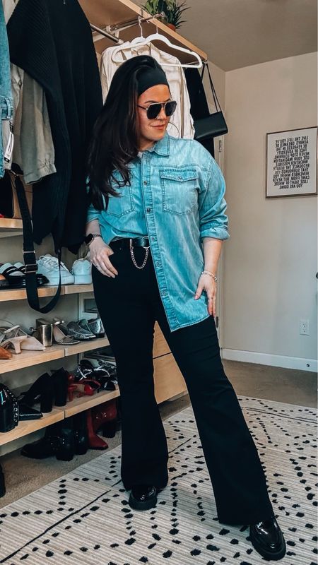 Midsize @Walmart outfit Inspo business casual outfit 
Denim top xl 
Black flare jeans tts size 14 
Loafers tts 
White double lined tee xl 
@walmartfashion #walmartpartner 

#LTKstyletip #LTKSeasonal #LTKmidsize