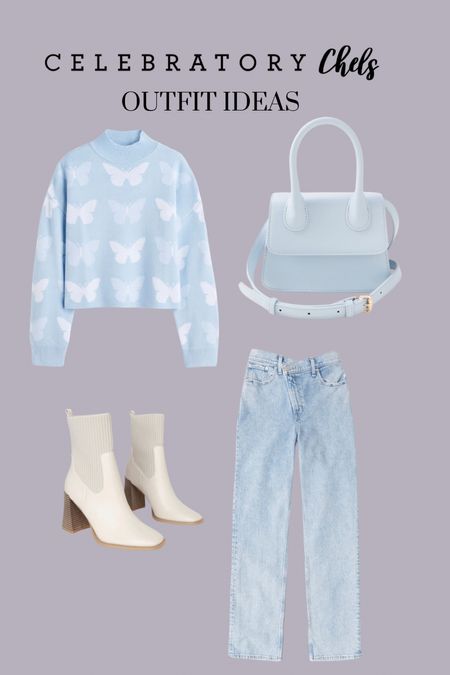 Sweater 
White boots
Butterfly pattern
Pastel blue crossbody bag
Purse 
Fall outfits
Fall style 
Denim 
Ultra high-rise jeans
Criss-cross jeans
Outfit ideas 

#LTKshoecrush #LTKstyletip #LTKSeasonal