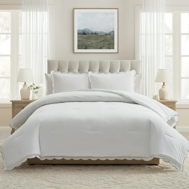 My Texas House Paige 2-Piece White/Green Scallop Cotton Comforter Set, Twin/Twin XL | Walmart (US)