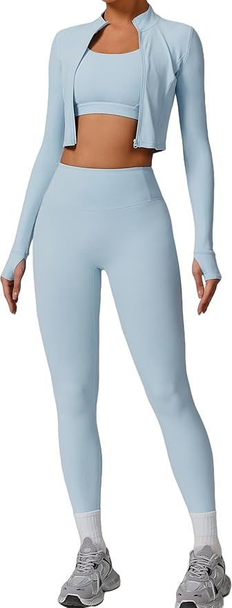 3 Piece Women Workout Set Sports Bra Crop Top Jacket with Thumb Holes Tummy Control High Waist Le... | Amazon (US)