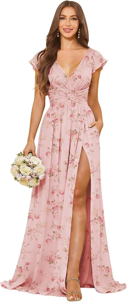 Short Sleeve Bridesmaid Dresses for Women with Pockets Slit Pleated Chiffon A Line Long Formal We... | Amazon (US)