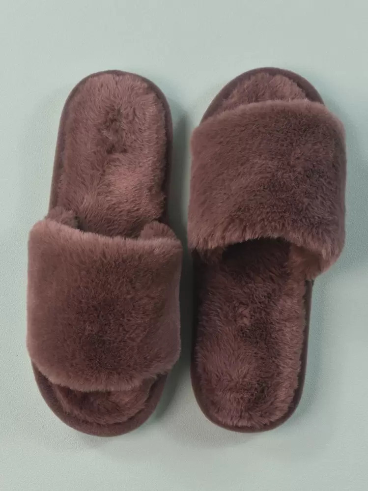 Fall/Winter Women's Brown Fashionable Solid Color Bedroom Slippers, Minimalist Style,Fluffy Slippers | SHEIN