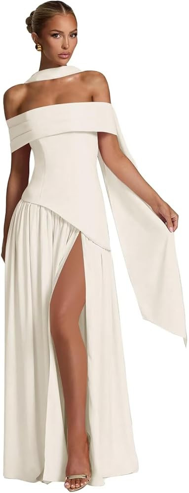 Satin Bridesmaid Dresses for Women with Scarf Off Shoulder Pleated Long Formal Party Dress with S... | Amazon (US)