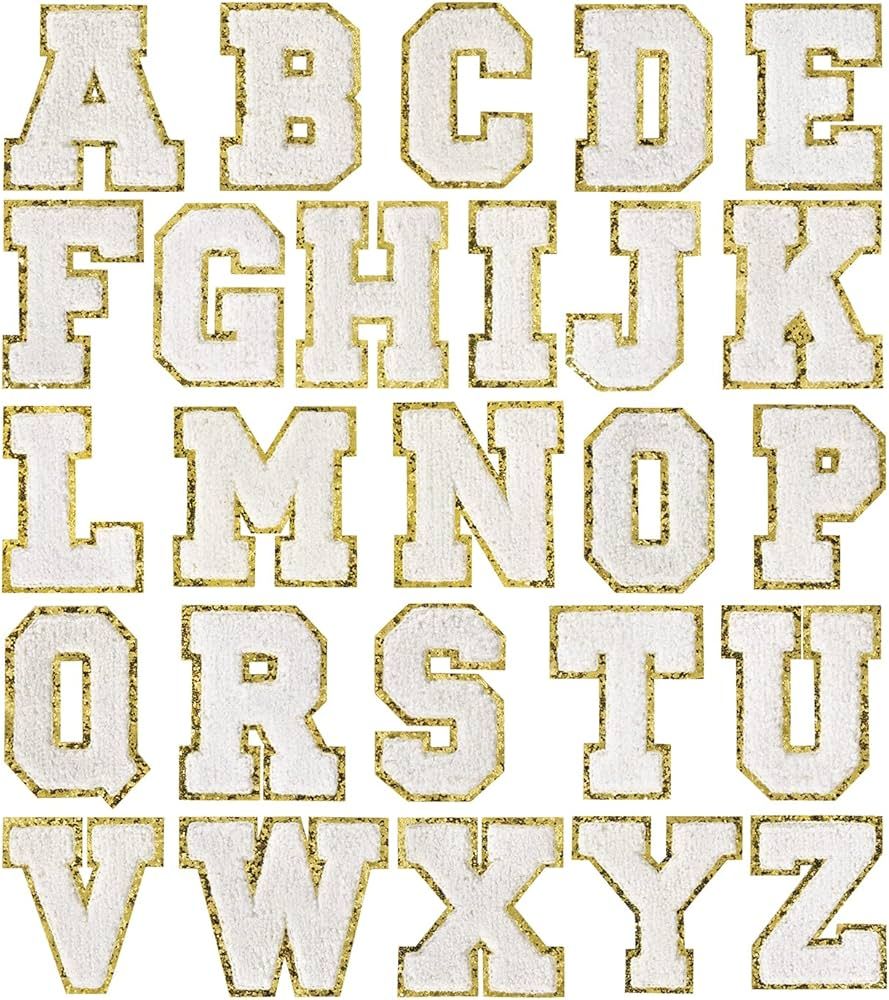 Iron on Letter Patches A-Z Gold Glitters & White Chenill,Varsity Initial Patches,Adhesive Sticker... | Amazon (US)