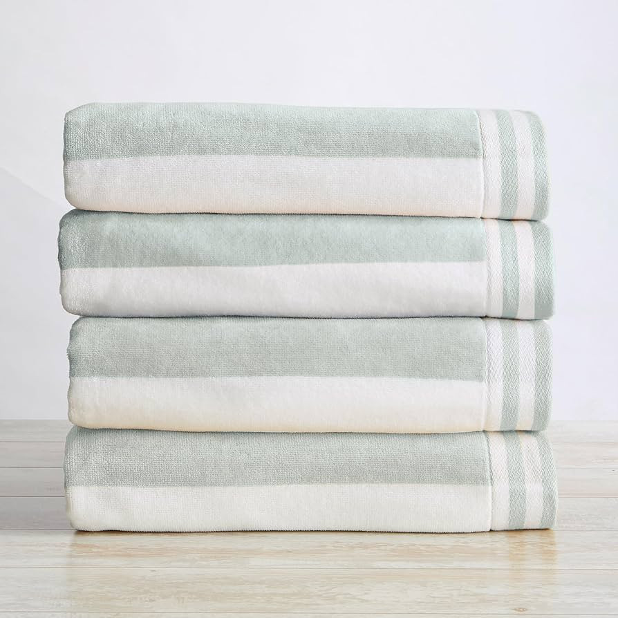 Amazon.com: Great Bay Home 100% Cotton Velour 4 Pack Beach Towels - Green/White Cabana Stripe Poo... | Amazon (US)