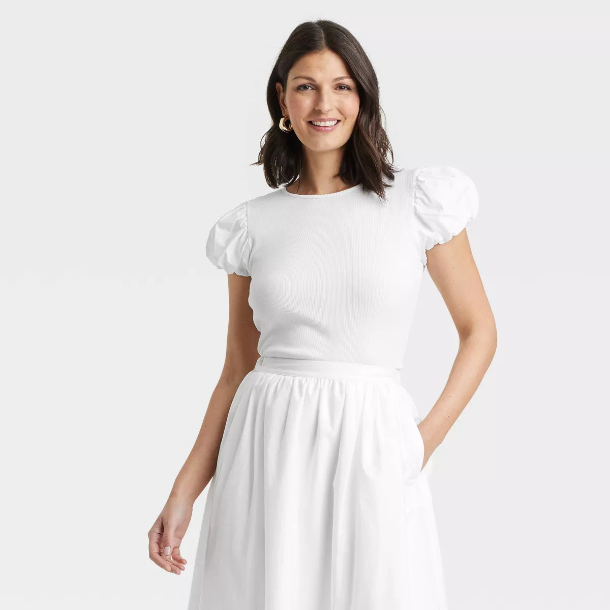 Women's Ribbed Puff Short Sleeve Blouse - A New Day™ Blue S | Target