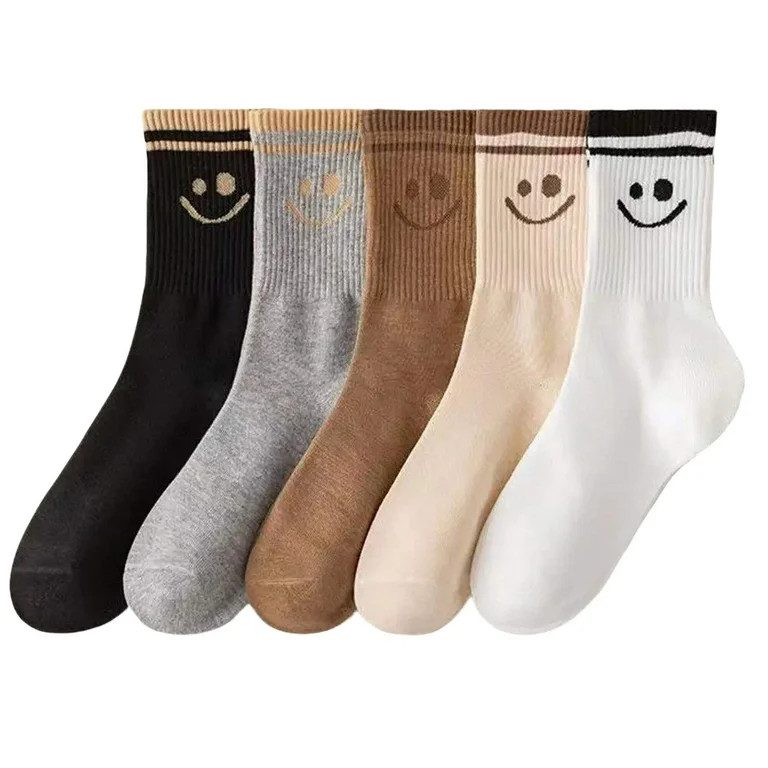 Women 5 Pairs Cute Smiley Face Print Cotton Crew Socks, Comfort Breathable, US 6-10 | Walmart (US)