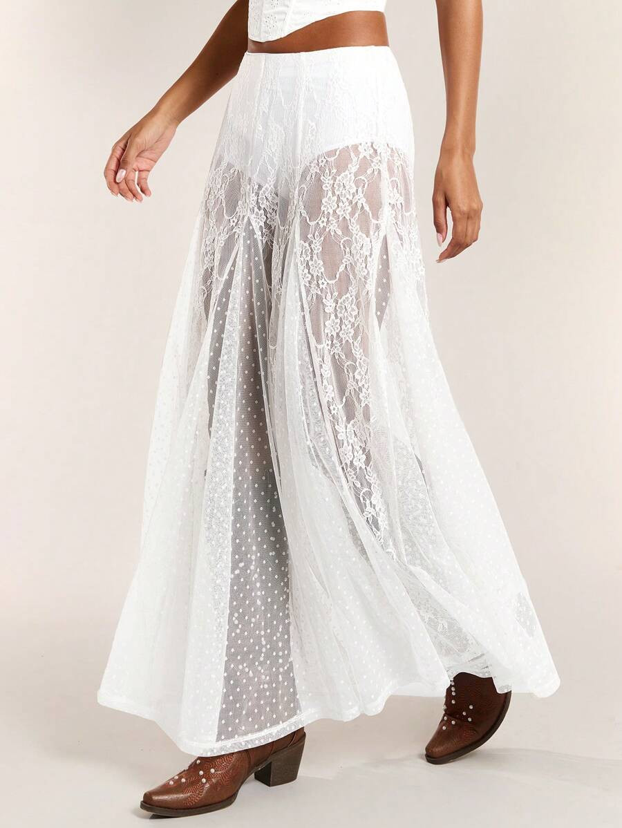 SHEIN BAE White Lace See-Through Low-Waist Skirt For Women, Beach Vacation Or Country Music Festi... | SHEIN