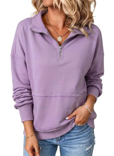 SHEWIN Sweatshirts for Women Quarter Lightweight 1/4 Half Zip Pullovers Zipper Long Sleeves Tops Cotton Casual Fall Hoodies with Pockets Sweaters 2026 Winter Outfits Purple Small | Amazon (US)