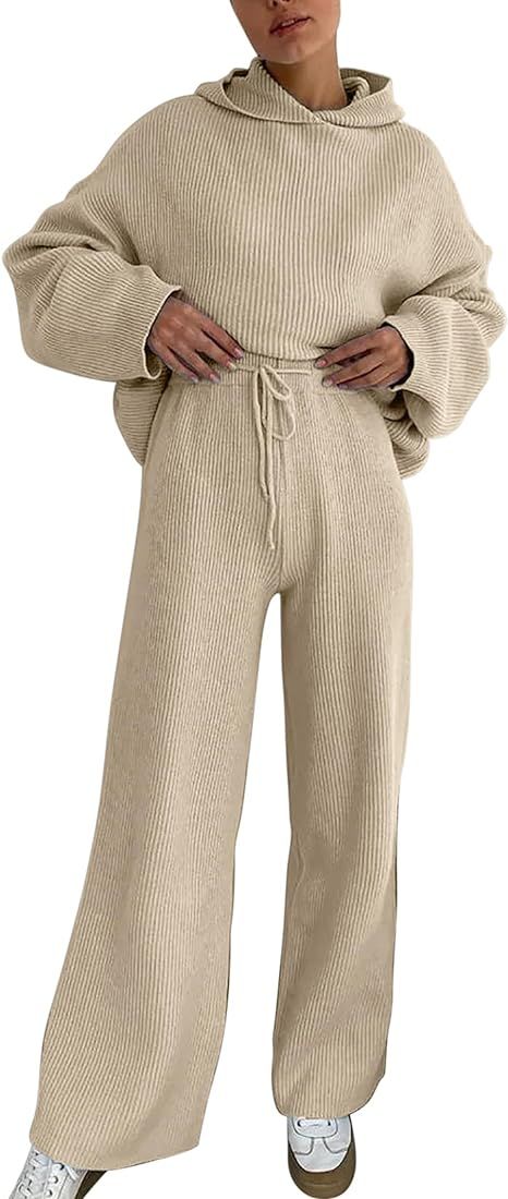 NOMMO Women's Sports Sweater Set Knitted Set Hoodie Casual Pants High Waist Solid Pants Set Fashi... | Amazon (US)