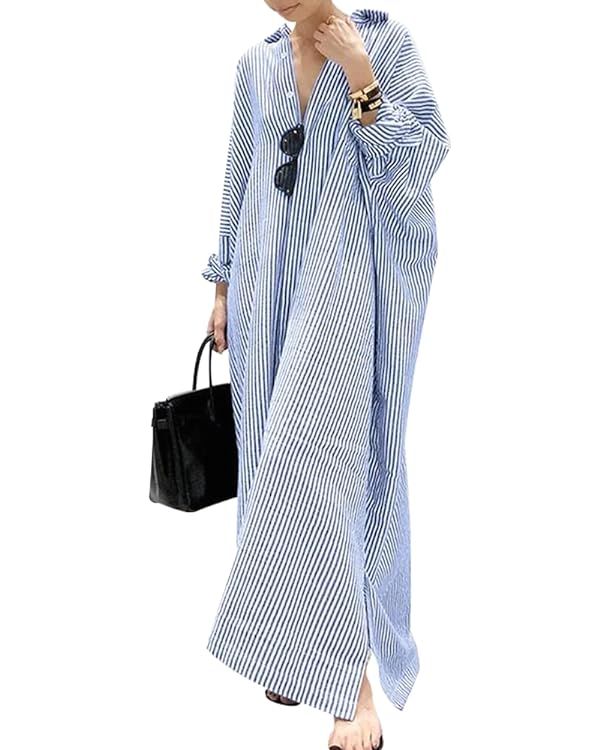 chouyatou Women's Casual Long Sleeve Button Down Loose Striped Cotton Maxi Shirt Dress | Amazon (US)