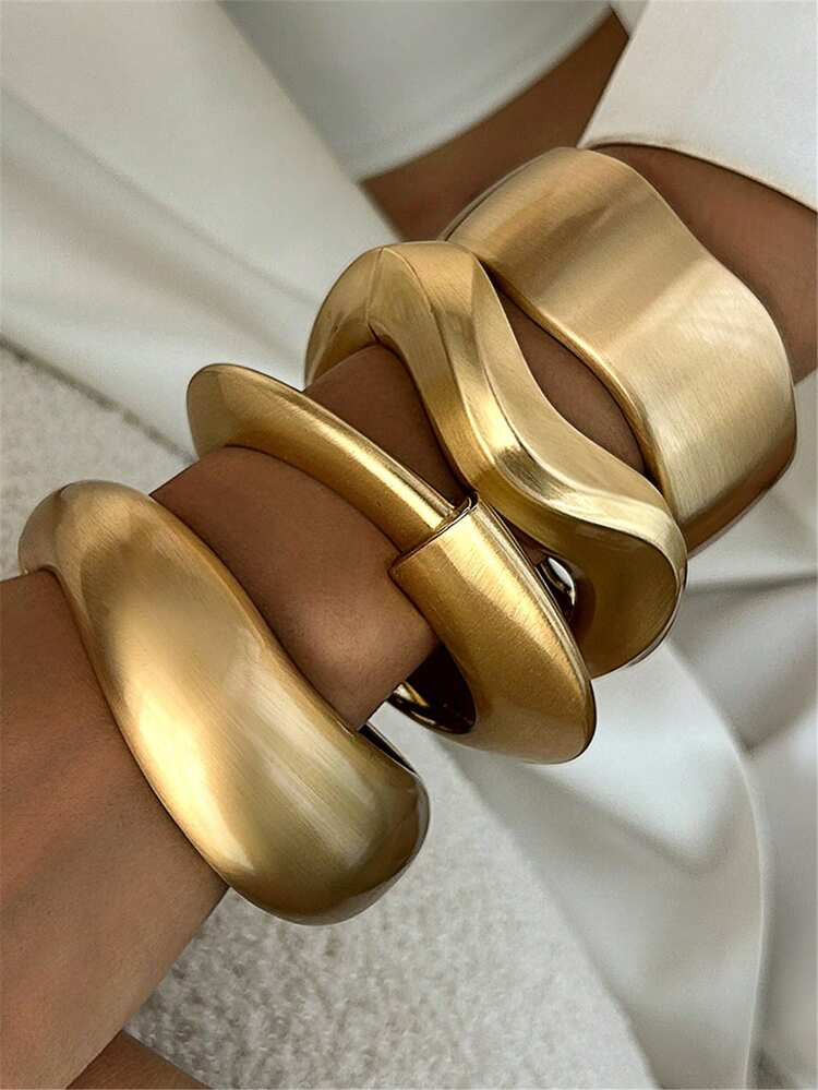 Chunky Heavy Wide Metal Geometric Bangles For Women Gold Color Matte Open Cuff Thick Asymmetrical... | SHEIN