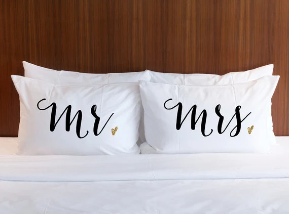 Mr and Mrs Pillowcases Wedding Gift Mr & Mrs Pillow Case Set Gold Glitter Gift for Bride at Brida... | Etsy (US)