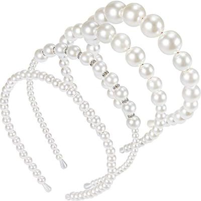4 Pieces Pearls Headbands White Faux Pearl Rhinestones Hairbands Bridal Hair Hoop Wedding Hair Ac... | Amazon (US)