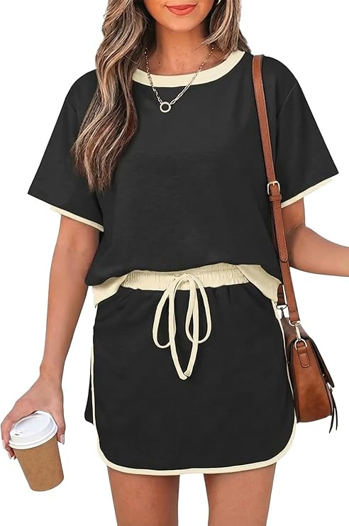 Womens 2 Piece Skort Set 2026 Color Block Short Sleeve Top Drawstring Skort Matching Sets Casual ... | Amazon (US)