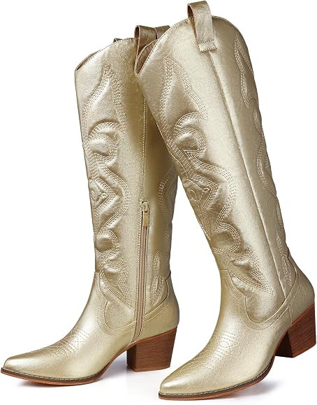 SHIBEVER Women High Cowboy Boots: Knee Embroidered Heel Cowgirl Booties Western Metallic Glitter ... | Amazon (US)