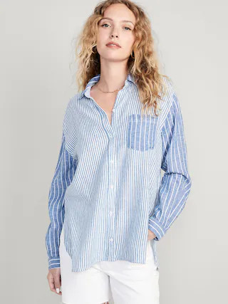 Striped Linen-Blend Boyfriend Shirt for Women | Old Navy (US)