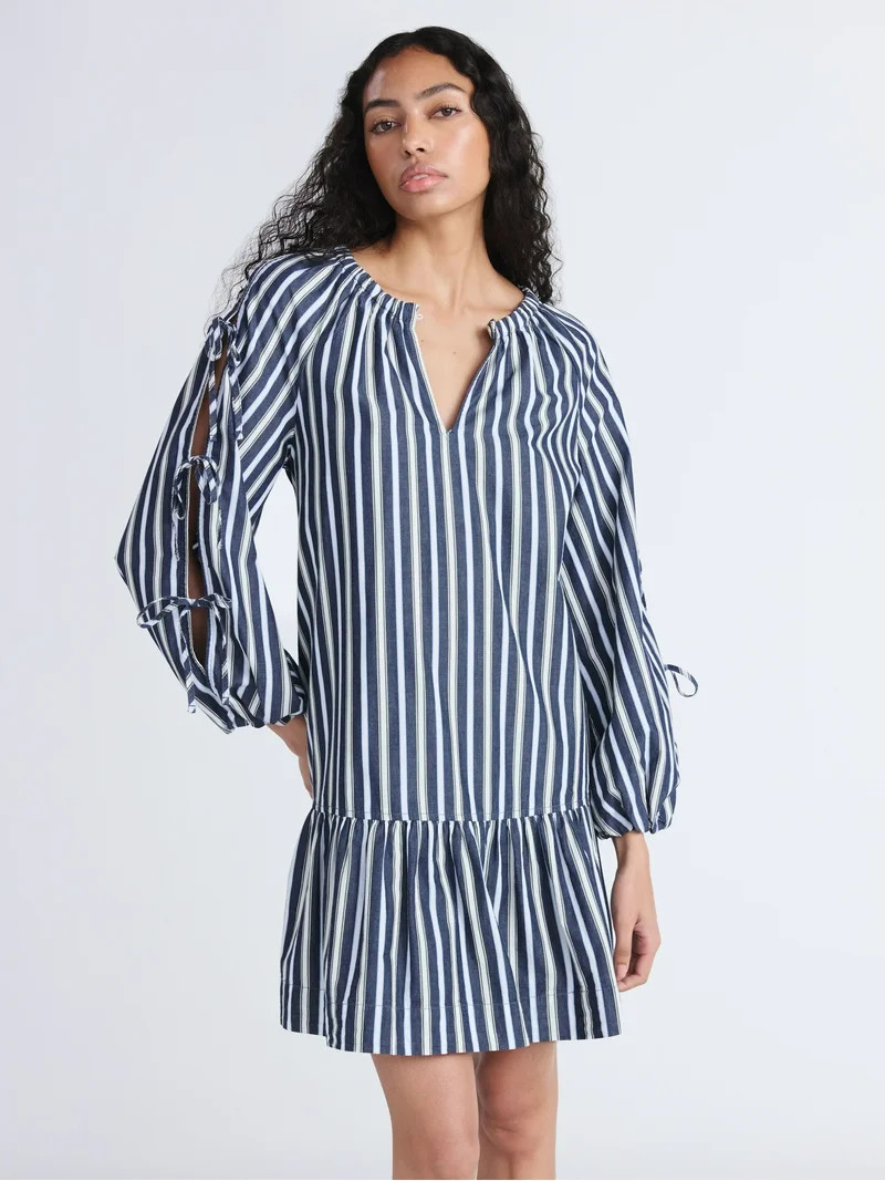 Free Assembly Women's Ruffle Hem Cotton Mini Dress with Long Tie Sleeves, Sizes XS-XXL | Walmart (US)