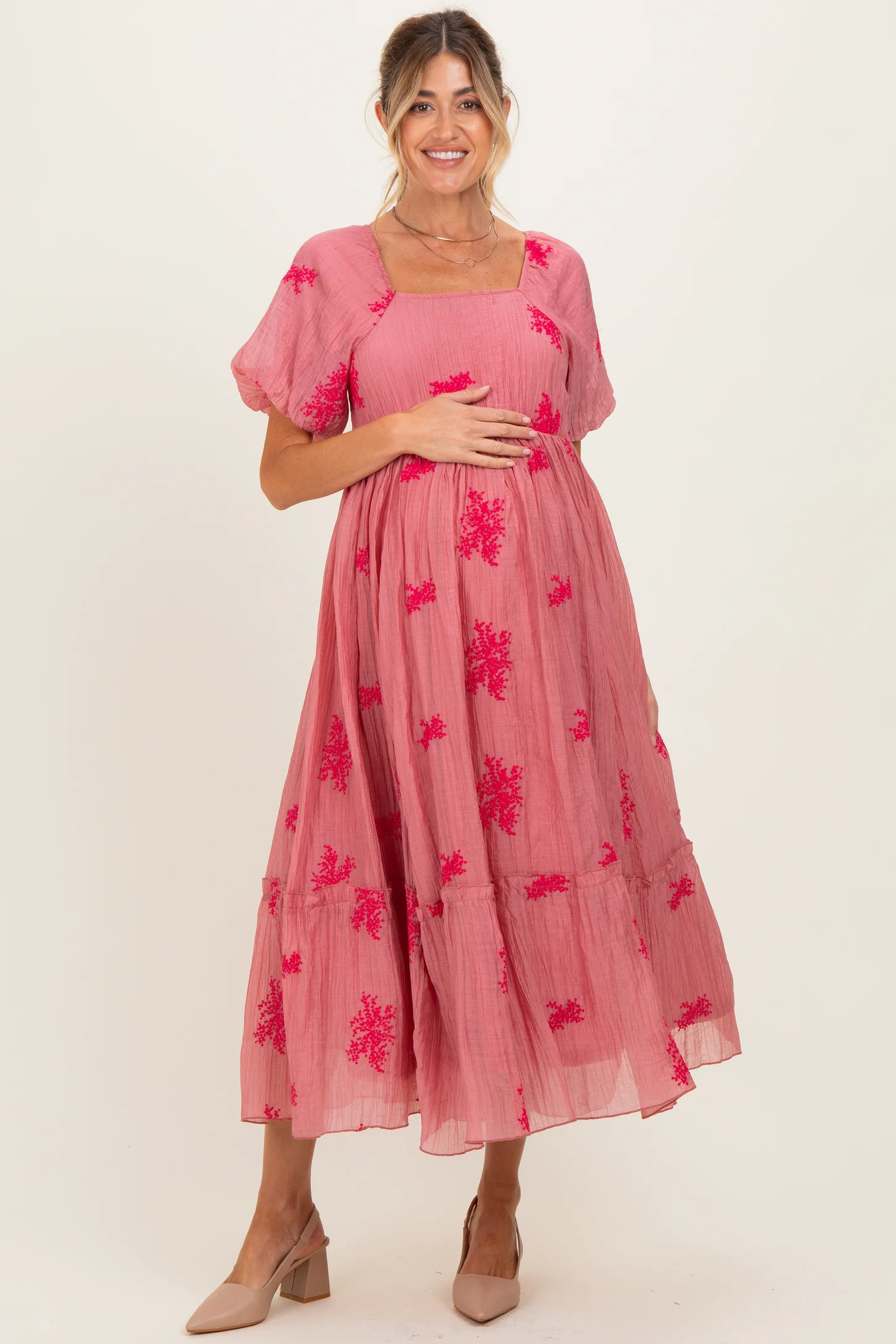 Pink Floral Print Ruffle Hem Maternity Midi Dress | PinkBlush Maternity