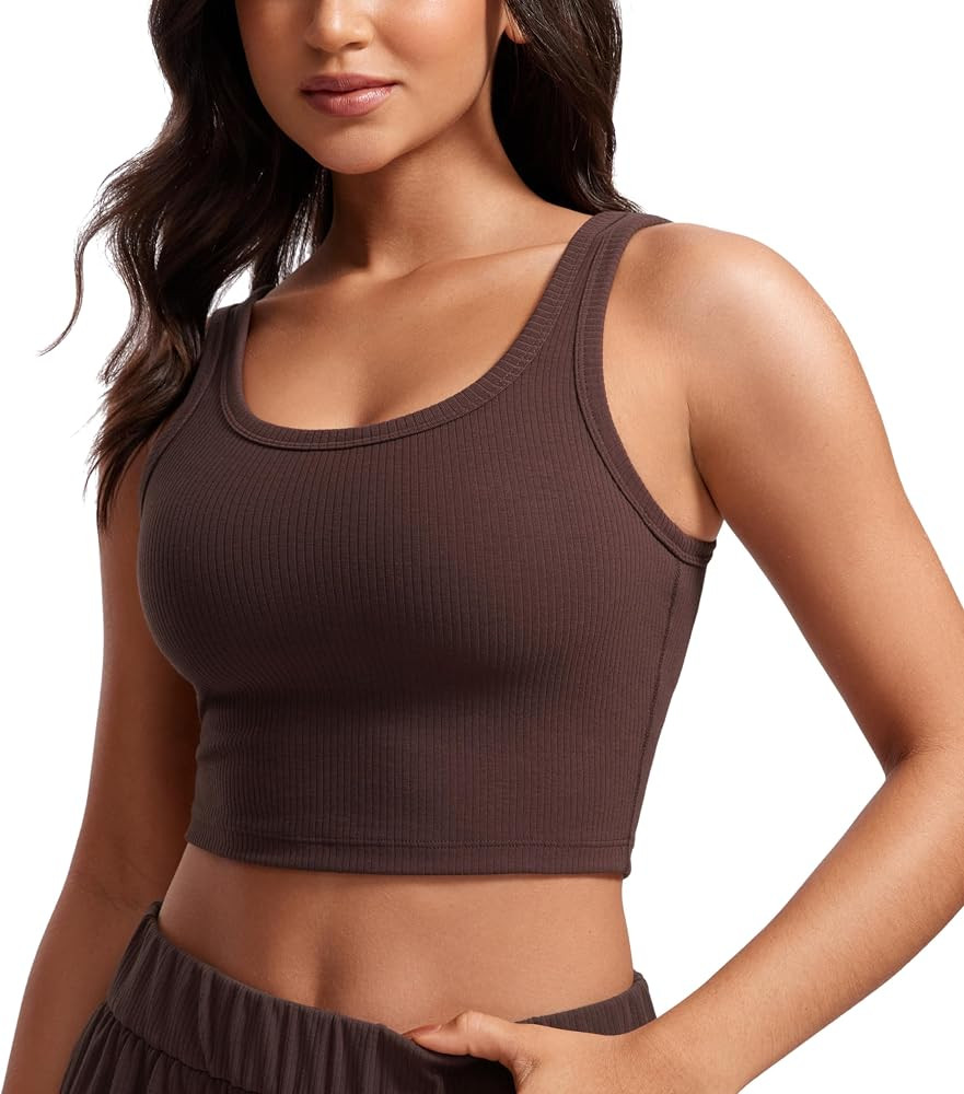 CRZ YOGA Womens Ribbed Longline Sports Bra - U Neck Padded Yoga Bra Workout Crop Tank Top with Bu... | Amazon (US)