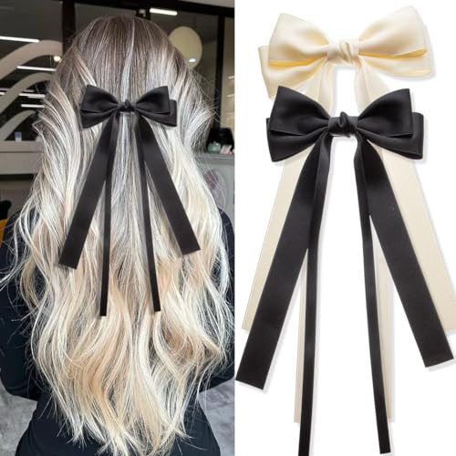 Seneeel Hair Bows 2 PCS, Ribbon Bow for Women - Hair Bows for Women, Hair Ribbons, Oversized Long-tail Cute Aesthetic Hair Accessories - Beige, Black - 11.8*5.1*0.7 Inches | Amazon (US)