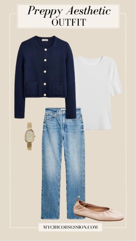 Need a preppy spring outfit? Take a break from your skinny jeans and experiment with a different denim fit by starting this look with these 90s straight jeans. Pair them with an elbow-length tee, a lady jacket, gold watch, and ballet flats.

#LTKstyletip #LTKSeasonal