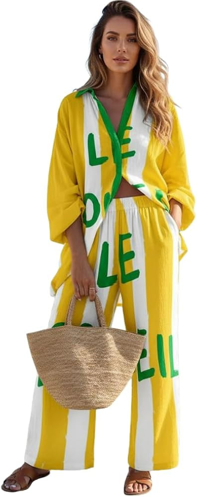 Women's Beach Vacation 2 Piece Outfits Long Sleeve Button Shirt Elastic Waist Wide Leg Pants Casu... | Amazon (US)
