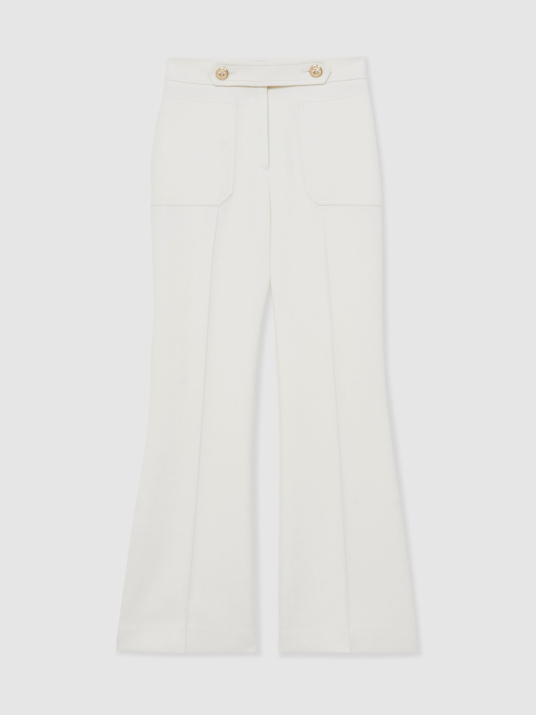 Petite Twill Button-Tab Flared Trousers With Wool in White | Reiss US