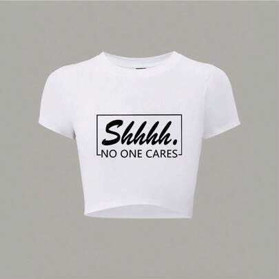 100% Cotton Unisex Crop T-Shirt With Sassy MessageA White Cropped Tee Featuring The Text "Shhhh. NO ONE CARES" In A Bold, Black Font Within A Square F | SHEIN
