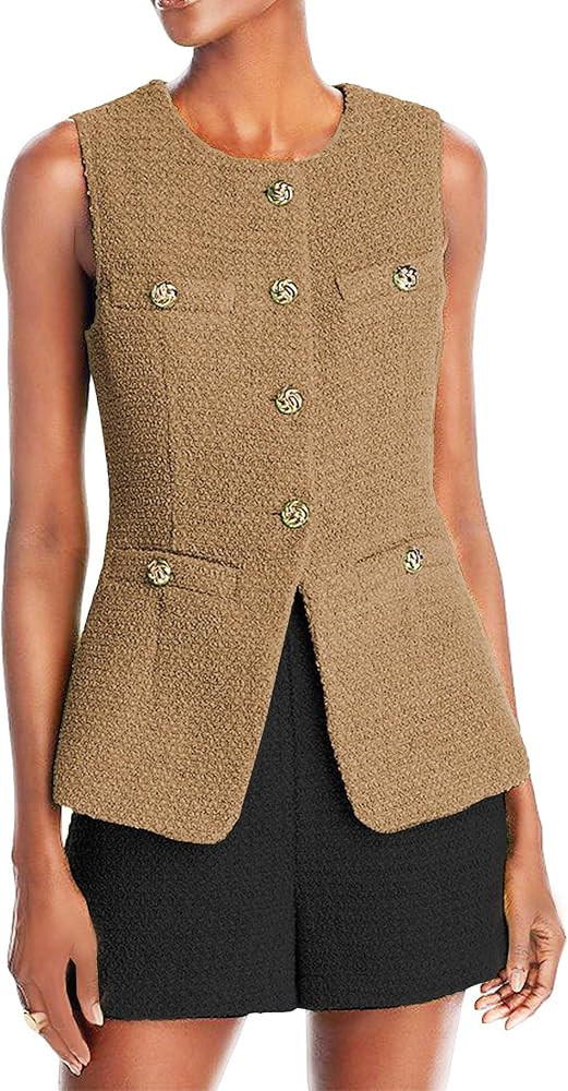 Women's 2024 Fall Winter Long Tweed Vest Y2K Fashion Sleeveless Single-Breasted Fully Lined Offic... | Amazon (US)