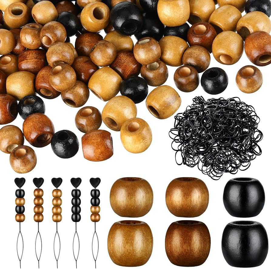 Dingion 1055 Pieces Wooden Hair Beads Set - 600 Barrel Wood Beads (9x10mm, 11x12mm, Black, Coffee... | Amazon (US)