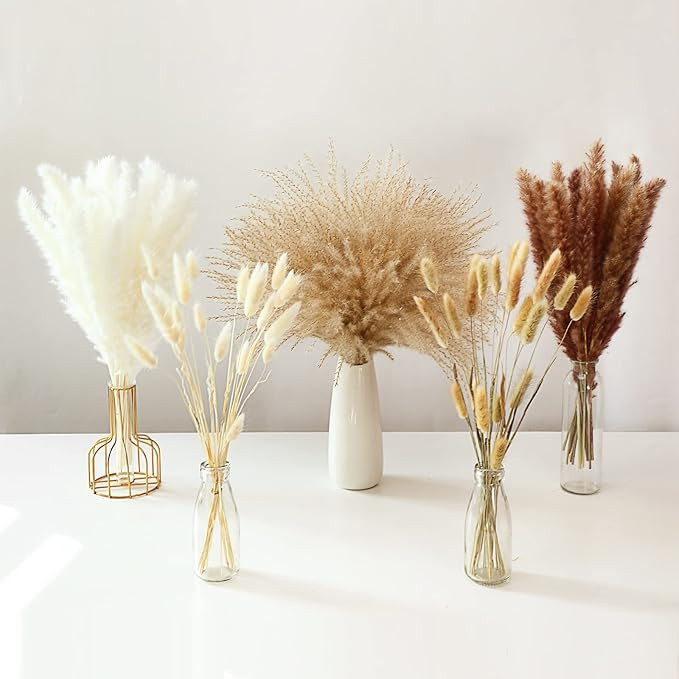 110Pcs Dried Pampas Grass Decor - ALKNOT 20Pcs White Pampas Grass, 20Pcs Brown Pompous Grass, 30P... | Amazon (US)