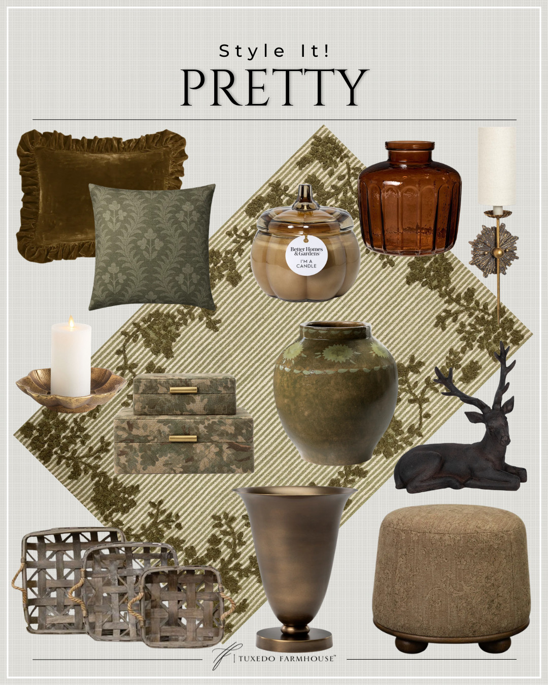 These rich olive greens, warm browns and antique brass details are such a pretty combination for fall. 🍂 I love mixing soft velvet, vintage-inspired patterns, warm candlelight and collected accents for a cozy, layered look that carries beautifully through the season.

#LTKHome #LTKSeasonal #LTKStyleTip #FallDecor #CozyHome #AutumnDecor #HomeDecorFinds #FallHome 

 #LTKSeasonal #LTKHome #LTKSaleAlert