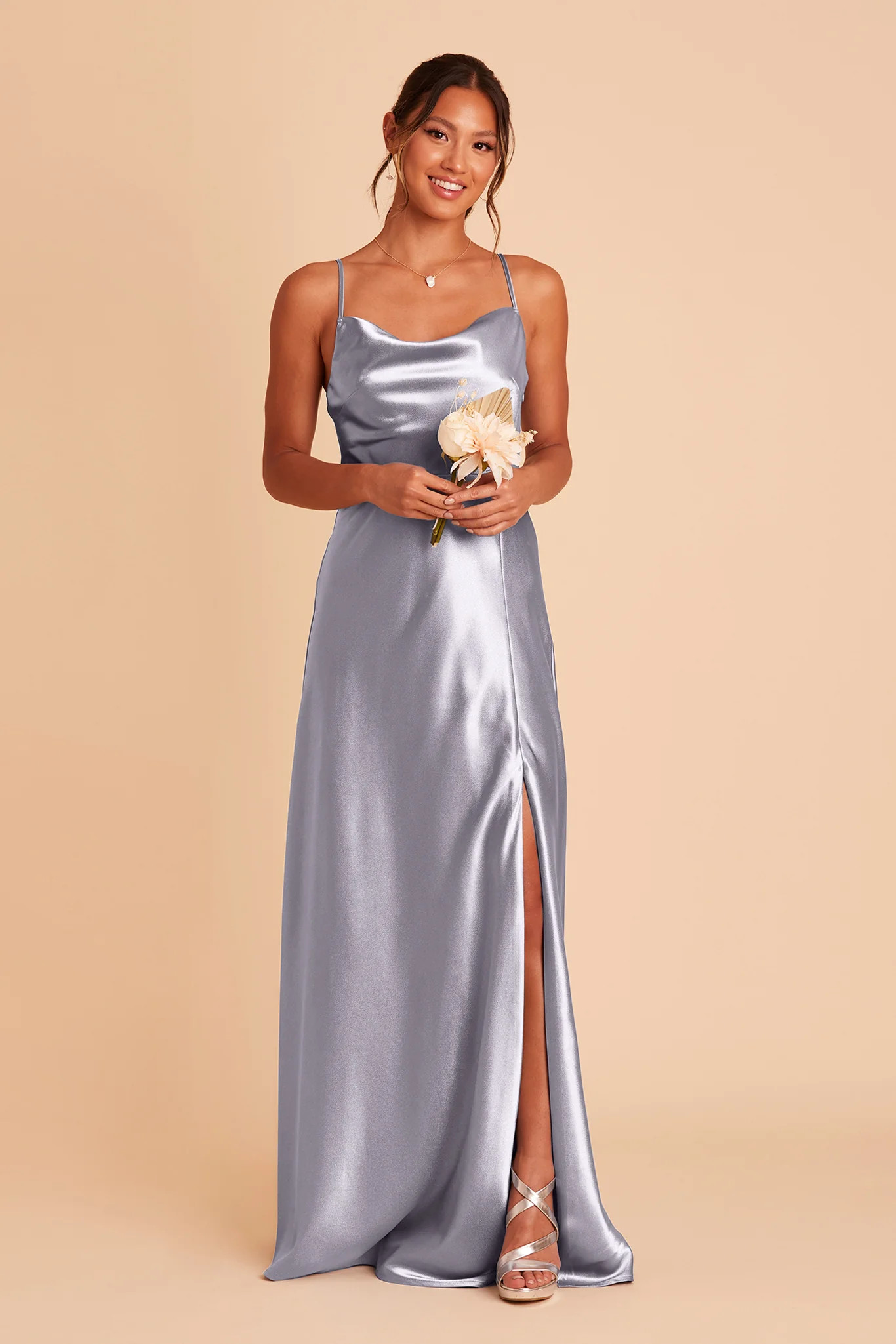 Lisa Long Shiny Satin Dress - Dusty Blue | Birdy Grey