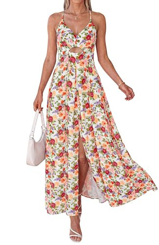 BTFBM Summer Dresses for Women 2026 Spring Floral Spaghetti Strap Smocked Cutout Maxi Dress Resort Beach Vacation Outfit(Floral White Multi, Small) | Amazon (US)