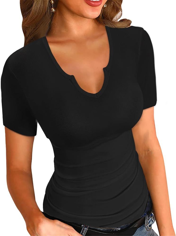 VICHYIE Womens Tops V Neck Summer Short Sleeve Casual Slim Fitted Tshirt | Amazon (US)