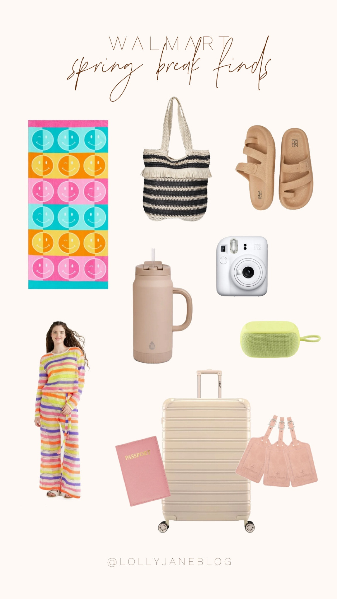 Walmart spring break finds and favs! 🫶🏻

Walmart has some pretty dang cute options for this fun spring season! Spring break is a great time to travel on go on a fun vacation, but in order to have a good vacation we need the goods!! I absolutely adore this cover up set, and this colorful smiley beach towel. I love the way these look with the neutral water bottle, and the fun striped tote bag!! A fun speaker is great for any vacation, along with a good polaroid camera if you aren’t feeling the disposable camera vibes. These shoes are so comfy, and so cute! Obviously I had to throw in this beautiful looking suit case with some fun pink luggage tags, and a fun pink passport holder!! Happy spring break season!!💐💕

#LTKswim #LTKtravel #LTKfamily