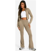 boohoo Women's Shrunken Zip Through Hoodie & Flared Jogger Set in Washed Khaki | Size: XL | Knitted | boohoo (US & Canada)