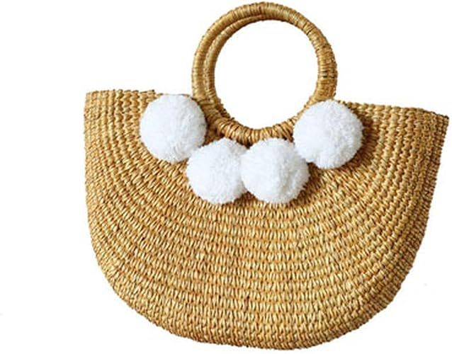 Beach Bag Straw Totes Bag Bucket Summer Bags With Pom Pom Women Handbag Braided Rattan Bag | Amazon (US)