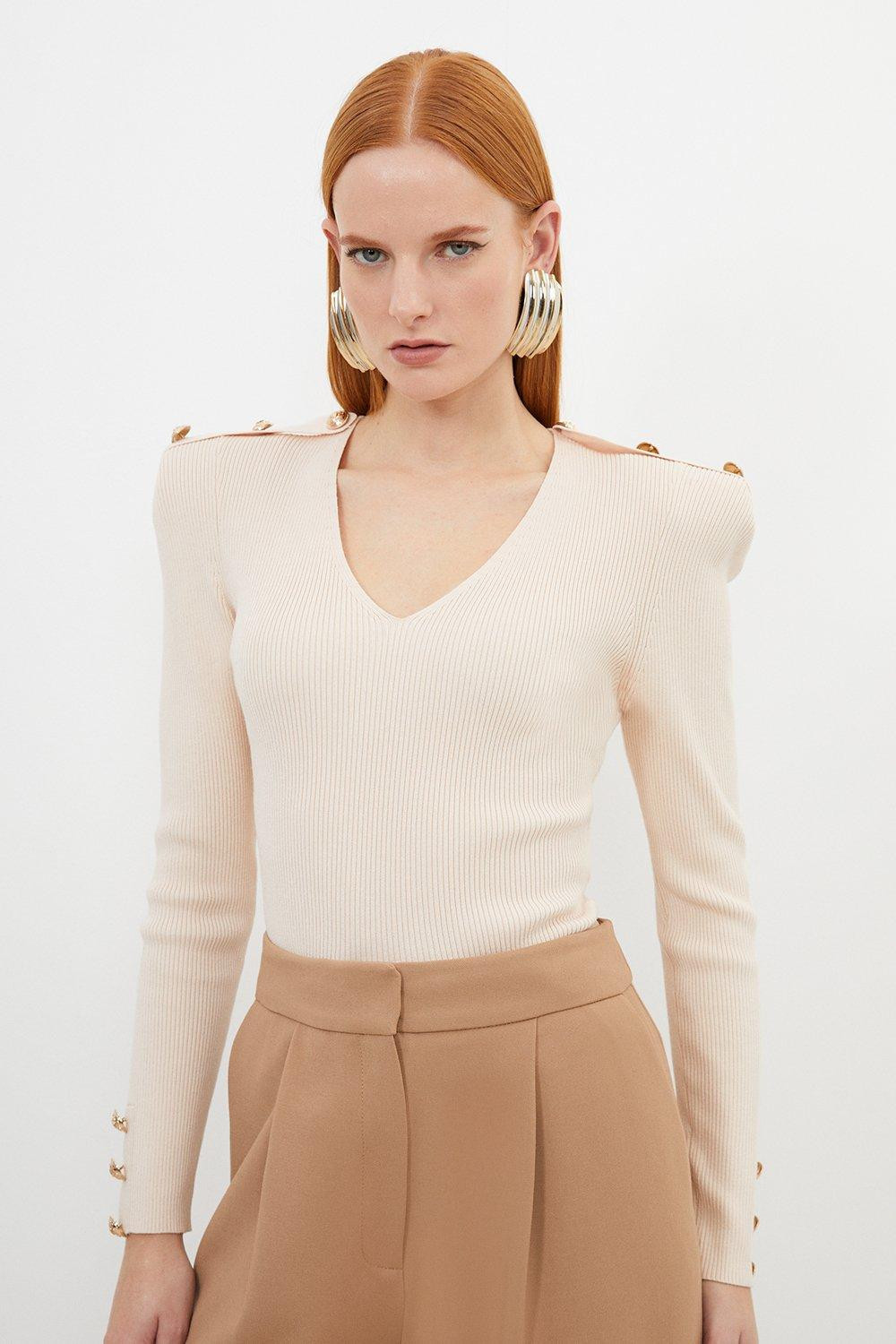 Viscose Blend Dry Handle Rib V Neck Military Trim Knit Top | Karen Millen US