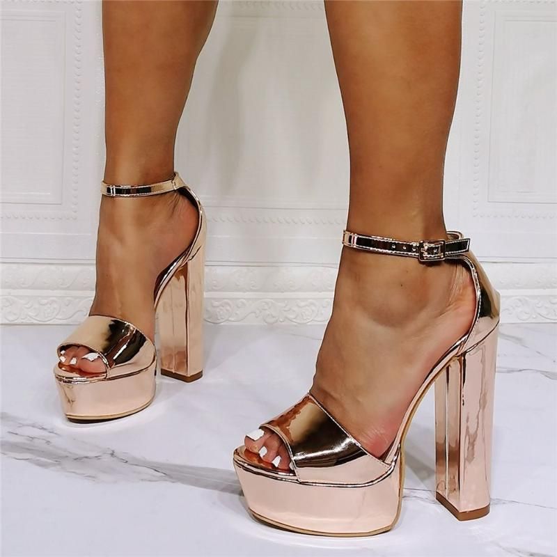 Dress Shoes Designer Women 13CM Square High Heels Sandals Platform Rose Gold Mirror Leather Ankle... | DHGate