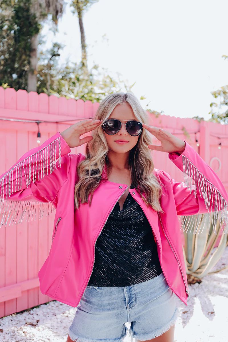 Legendary Faux Leather Rhinestone Fringe Jacket - Pink | Whiskey Darling Boutique