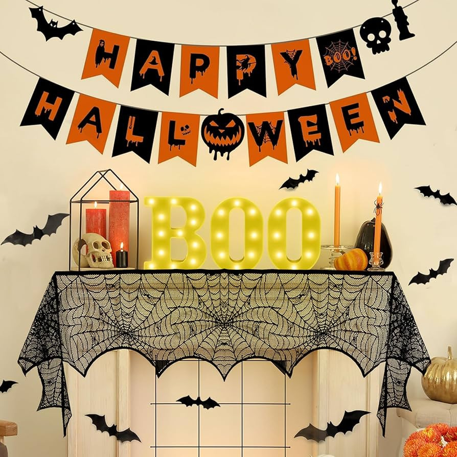 Halloween Decorations Indoor Set - LED Boo Sign + 31pcs Halloween 3D Bats Sticker + Spider Web Fi... | Amazon (US)